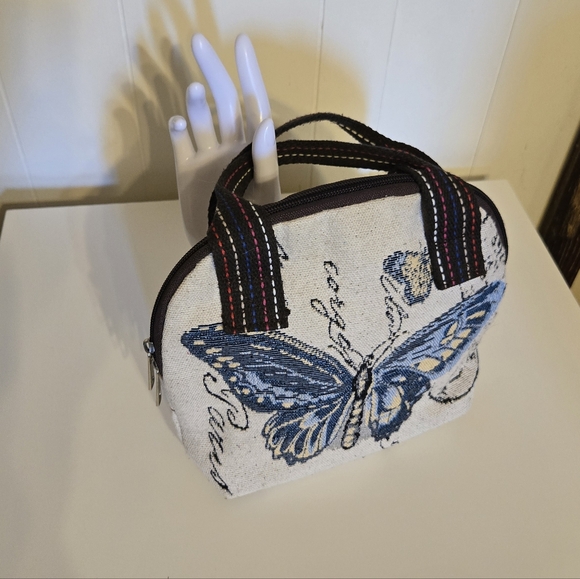 Handbags - Blue Butterfly Embroidered Canvas Tote - Women's Small Handbag